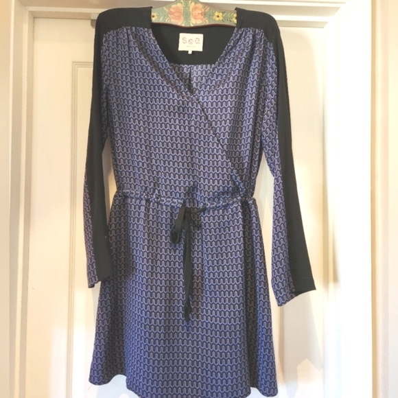 SEA New York SILK Cross Over Neck Tie Drawstring Waist LS Blue Black Dress EUC 6 - Picture 8 of 16